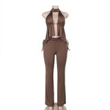 Sexy Hanging Neck Hollow Vest High Waist Straight Trousers New Hottie Set DJPT