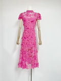 Lace Dress Women's Summer 2025 Three-Dimensional Flowers Short Sleeves To Show Thin Temperament Rose Red Dress Dress