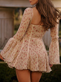 Lace New French Lightweight Heavyweight Short Dress Horn Sleeve Fish Bone Printed Dress Sexy Spice Girl HZ0628