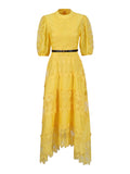 Elegant Style Dress 2025 New Round Collar Bubble Bubble Sleeve Lace Belt Fashion High-End Dress
