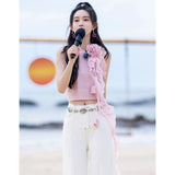 Mencius Is The Same Pink Flower Lotus Leaf Side Ribbon Hanging Neck Vest 2024 New