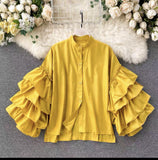 Shirt Women Wish Multi-Layer Lotus Side Horn Sleeve Shirt Loose Set Small Collar Top DJPT