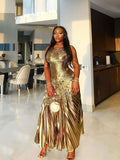 Sleeveless Sexy Hot Gold Pressed Skirt Party Dress