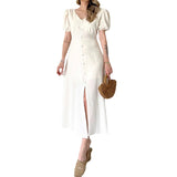 Women's Summer French V-Neck Bubble Bubble Sleeve High Waist Open Temperament With Long Dress