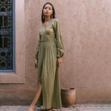 Women's Clothing 2025 New French Retro V Collar Folds Loosely Open Temperament Long-Sleeved Dress DJPT