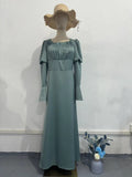 2024 Court Style Bubble Collar Wood Ear To Collect Waist Solid Color Long Sleeve Dress