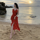 Dress Red Long V-Neck Hanging Neck Sling Dress Female Summer French Temperament Party Dress