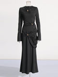 Temperament Famous Wind Style T-Shirt Dress 2025 Spring New Round Collar Kinesge Metal Buckle Folded Knitted Dress Woman
