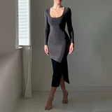 2025 New Solid-Color Long-Sleeved Bag-Pupled With Open-Fork Elastic Dress