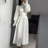 Long-Sleeved Lotus Leaf Cuffed Belt Waist-Repaired Penetted Joint Dress