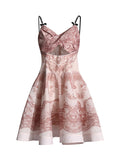 Women's Dress 2025 Spring New Women's Dress Slings Breasts Printed Waist Lotus Leaf Side Short Skirt