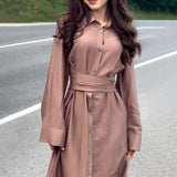 Summer New French Collar Temperament Waist Solid-Colored Cardigan Dress