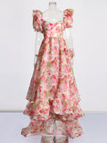 Court Style 2025 Summer New Square Slings Oversized Skirts Tail Lotus Leaf-Side Printed Dress Woman