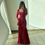 Sexy Square Collar Long-Sleeved Lotus Leafy Dress Woman 2025 Autumn Fashion Dress DJPT
