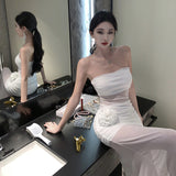 Holiday Style Sexy Perspective Mesh Yarn Flowers With Breasts Women Design Sense Of Body Quality Dress