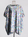 Trendy Plus-Size Dress 2025 Spring Round Collar Laser Lequine Cover Meat Middle And Long Dress Woman