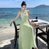 Fragmented Hanging Neck Dress Spring And Summer Holiday Wind Pure Lusty Folding V-Neck Net Yarn Long Dress Girl