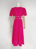 Autumn New Round-Neck Bubble Sleeve Belt To Collect Waist Hollow Long Dress Woman