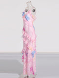 Colored Sling Skirt 2025 Summer New Fashion V-Neck Sleeveless Print Lotus Leaf-Side Dress Woman