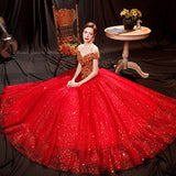 2025 New Dry Verted Gold Red Bride Wedding Toast Solo Stage Performance Evening Dress