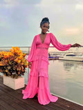 2024 Elegant Splicing Long-Sleeved V-Neck Dress Women's Long Dress