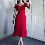 Women's Summer Collar Bubble Sleeve With High Waist Repair Fork Sexy Long Dress
