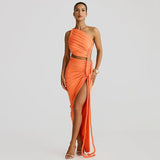 Irregular Shoulder Wrinkled Chest Skirt Woman 2025 Summer New Sexy Bare-Backed Rope Open Fork Dress HZ0628