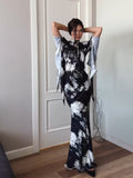 Spring Repair With Ribbon Densate Printing Irregular Design Long Dress