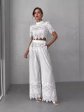 Collar Short-Sleeved Lace Top + Tight Waist Tie With Lace Spliced Wide Leg Trousers Set Woman