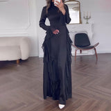 Women's Clothing Autumn 2024 Round Collar Horn Sleeve Temperament High-Waisted Splicing Tie With Dress Woman