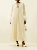 2024 New Round-Neck Heavy Industry Nail Nails And Fur Folding Process Horn Sleeve Long Dress