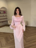 Square Collar Splicing Folded Silk Light Sweet Solid Color Horn Sleeve Bag Hip Dress