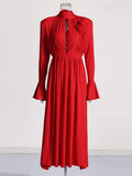 Spring New 2025 Three-Dimensional Flower Decoration Shoulder Horn Sleeve High-Waist Opening Dress Woman