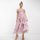 Dress Holiday Dress Lace Side Hollow Cake Dress Lotus Leaf Folding Long Dress