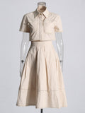 Lace Embroidery Set 2025 Spring New Collar Short-Sleeved Shirt High-Waist Long Dress Solid Color Woman