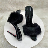 12Cm Pointed Thin Heeled Tips High Heels Women Black Hair Cool Slippers High Quality Shoes