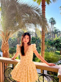 Short Dress Pure Vietnamese Niche Dress Yellow Broken Flower Deep V Print Holiday Thorny Skirt