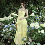 New Design High-Grade Tea Break French Gentle Wind Seaside Holiday Yellow Hanging Neck Dress