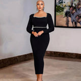 Elegant Square-Necked Long-Sleeved Diamond-Stwined Dress With Long Bag-Hope Party Party Evening Dress