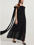 2025 New One-Word Three-Dimensional Flowers Splicing Shoulder Sexy Long Folding Long Folded Skirt Woman