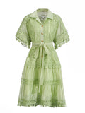 Temperament Vintage Short Dress 2025 Summer New Collar Embroidered Hollow Lace Dress Dress Woman
