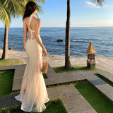 Pure Style Hottie Sexy Seaside Holiday Atmosphere Feel Sleeveless Slings Hanging Neck Long Skirt