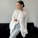 Women's Round Collar Horn Sleeve Lotus Leaf Side Design Micro-Permeable Shirt Top DJPT