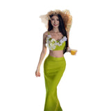 Niche Design Three-Dimensional Flower Sexy Sling Tset Tsets Open Forked Bag Hip Skirt Holiday Two-Piece Suit Woman