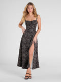 Women's Clothing In Front Of The Sleeveless Breast Strap Slings Broken Flowers Fork Dress DJPT