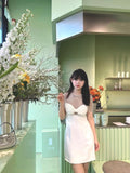 Luxury Niche Nail Bead Dress 2024 Spring And Summer Neckpeel Bow High-Level Feeling Beautiful Female Pure White Short Dress Woman