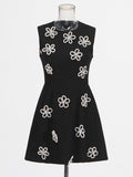 Elegant Wind Vest Dress 2025 Summer New Round Neck Nail Diamond Flowers Solid Color Short Dress Dress Woman