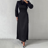 Women's New Round-Neck Lantern Sleeve Dress Side Belt With Body-Repair Dress Dress