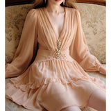 South Oil Flower Diamond Luo Waist Deep V Dress Gentle Flowing Short Dress 2024 New