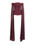 Famous Wind 2025 Summer New One-Word Shoulder Ribbon Sleeve Design Top + Folded Mesh Dress Suit Female